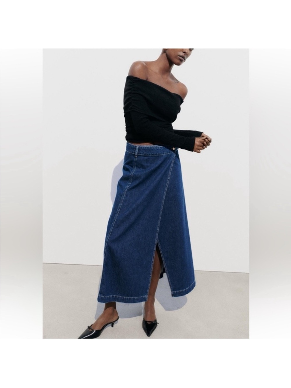 Zara Z1975 Side Buckle Denim Midi Skirt - Size L